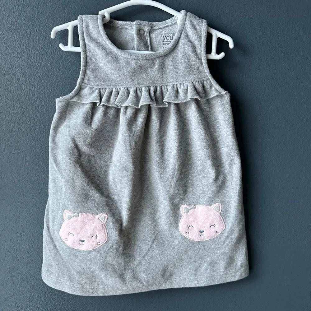 🐱 CARTER’S Dress gray with Pink cats girls 12 months baby girl euc